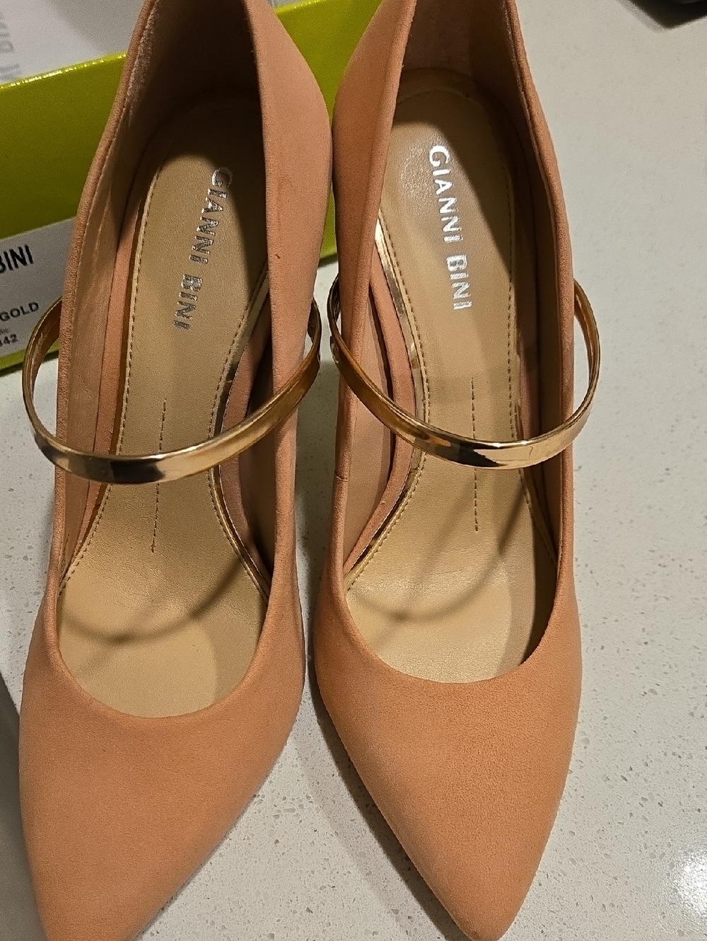 Gianni Bini Peach Suede Pointed-Toe Heels with Metallic Gold Strap